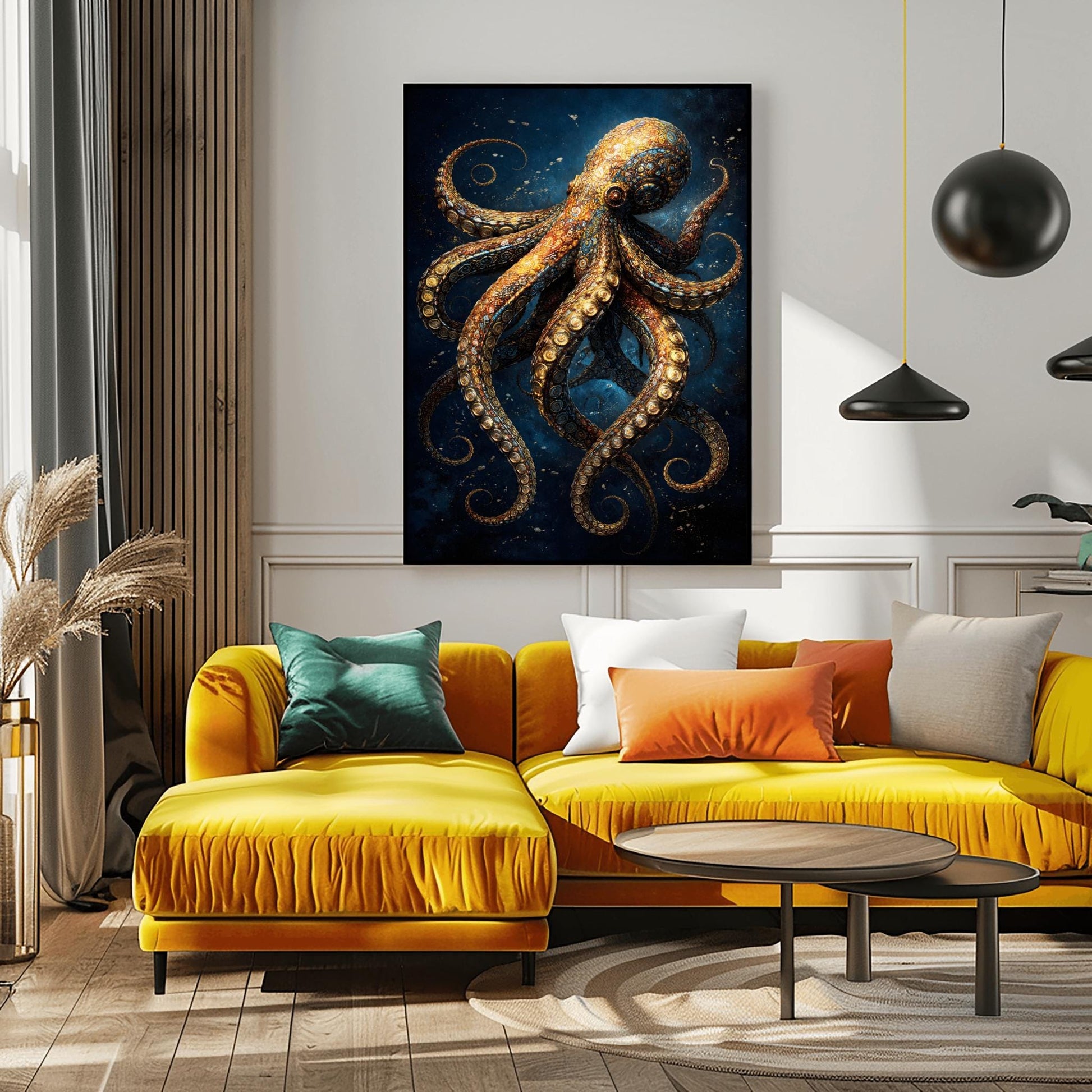A vertical full-bleed illustration of an octopus in the style of Gustav Klimt. The octopus is decorated with intricate golden mosaic patterns and spirals, floating in a dark navy ocean with tiny sparkling particles. The design is rich in detail and high contrast.