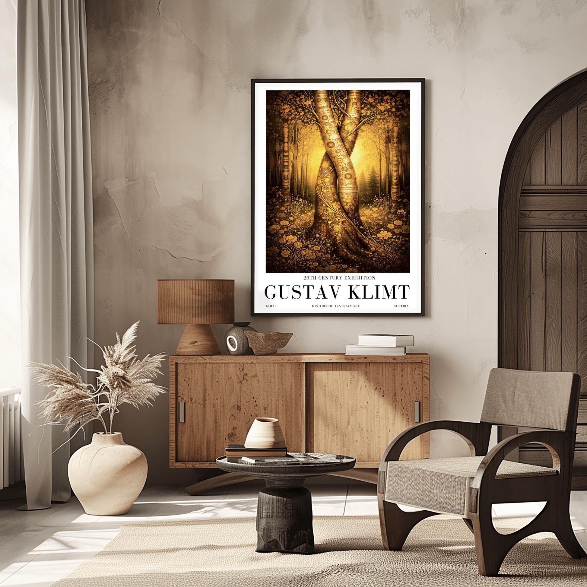 A vertical exhibition poster for Gustav Klimt. Two large tree trunks with golden mosaic patterns are entwined and twisted together in the center of a sunlit forest. The background is a soft amber glow, and the foreground features detailed golden flowers. White border with black text at the bottom.