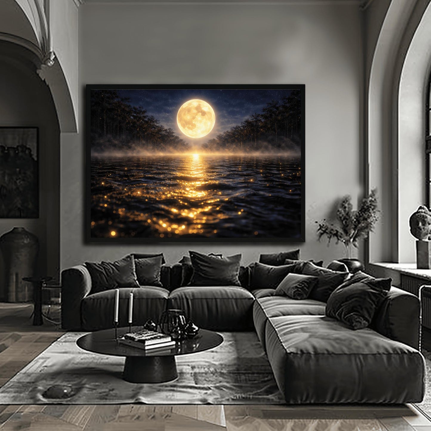 A horizontal landscape art print in the style of Gustav Klimt. A large, luminous golden moon hangs in a dark, starlit sky over a calm lake. A brilliant trail of golden light reflects across the dark water toward the viewer. Low-lying mist rolls across the lake's surface, and silhouetted dark trees line the distant shore. The overall color palette is a striking contrast of deep midnight blue and radiant metallic gold.
