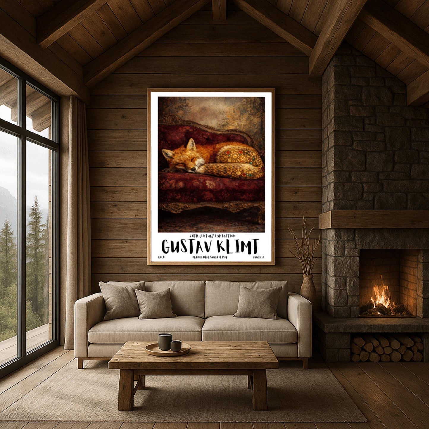 A vertical exhibition poster for Gustav Klimt featuring a red fox sleeping on a dark crimson velvet antique sofa. The fox's haunches are covered in golden mosaic flowers and jewels. Bold text at the bottom reads "GUSTAV KLIMT" and "Ornamental Surrealism."