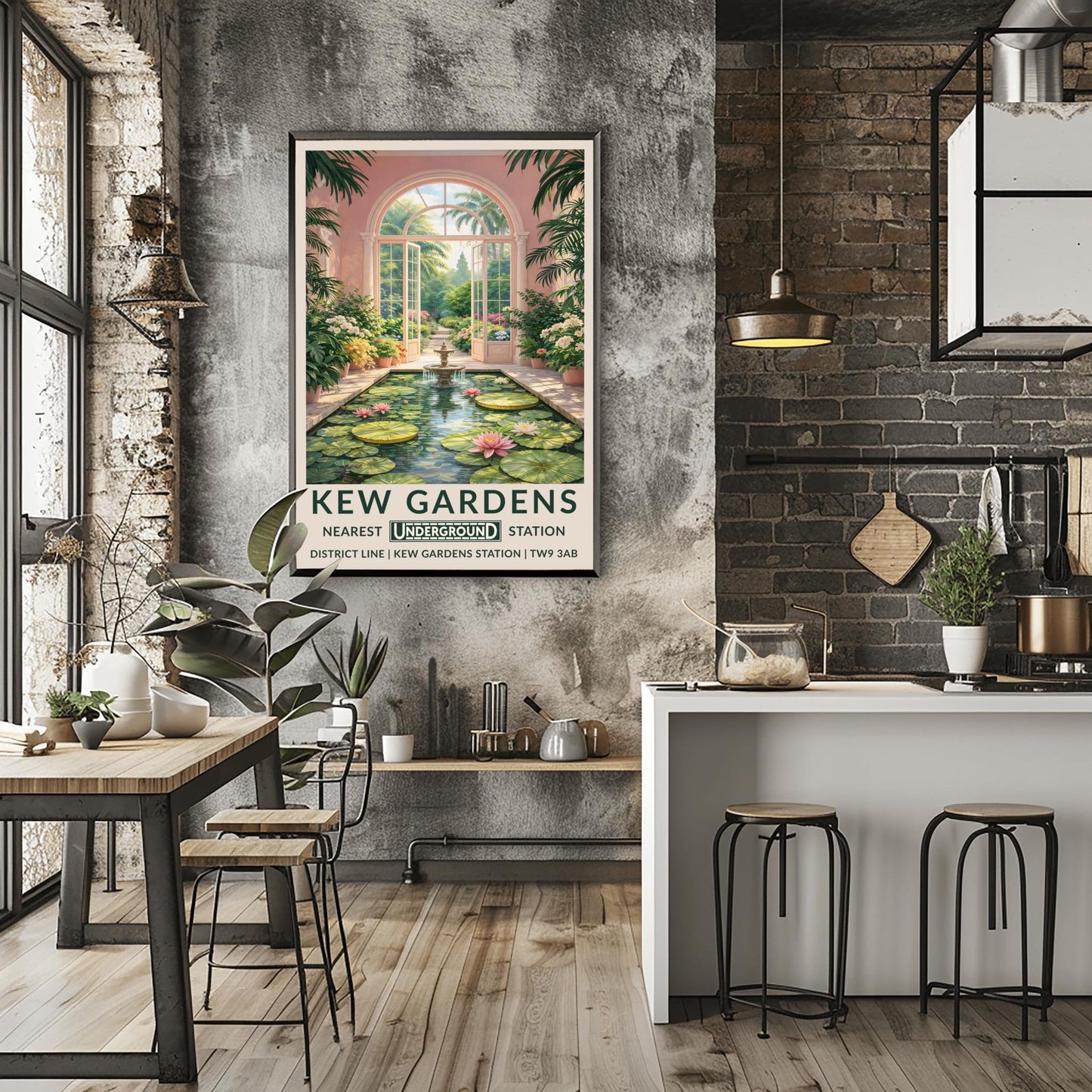 A vertical vintage travel poster for Kew Gardens. The scene is an interior view of a pink-walled conservatory featuring a long rectangular pond filled with lily pads and pink water lilies. A tiered stone fountain stands in the water. Large arched glass doors are open in the center, revealing a sun-drenched garden path lined with flowers and palm trees. The bottom features a cream border with bold green text: "KEW GARDENS" and "NEAREST UNDERGROUND STATION" with District Line details.