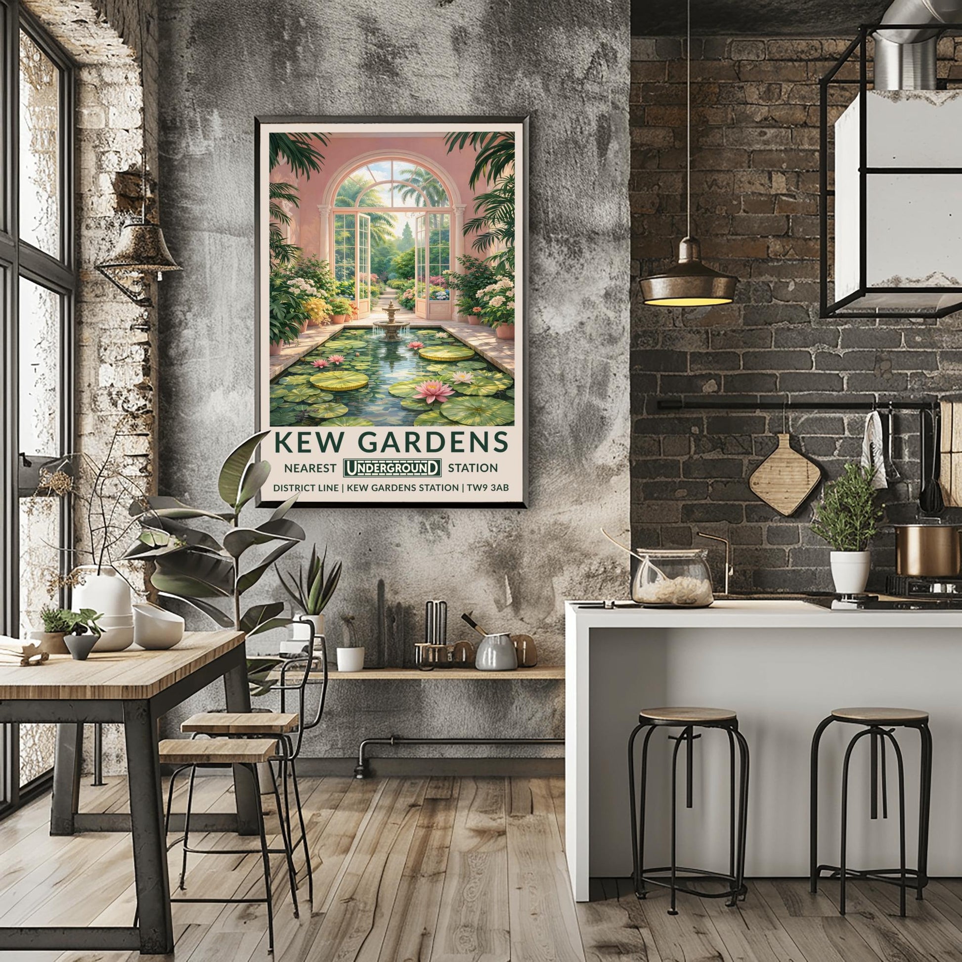 A vertical vintage travel poster for Kew Gardens. The scene is an interior view of a pink-walled conservatory featuring a long rectangular pond filled with lily pads and pink water lilies. A tiered stone fountain stands in the water. Large arched glass doors are open in the center, revealing a sun-drenched garden path lined with flowers and palm trees. The bottom features a cream border with bold green text: "KEW GARDENS" and "NEAREST UNDERGROUND STATION" with District Line details.
