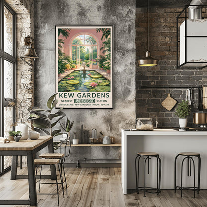 A vertical vintage travel poster for Kew Gardens. The scene is an interior view of a pink-walled conservatory featuring a long rectangular pond filled with lily pads and pink water lilies. A tiered stone fountain stands in the water. Large arched glass doors are open in the center, revealing a sun-drenched garden path lined with flowers and palm trees. The bottom features a cream border with bold green text: "KEW GARDENS" and "NEAREST UNDERGROUND STATION" with District Line details.