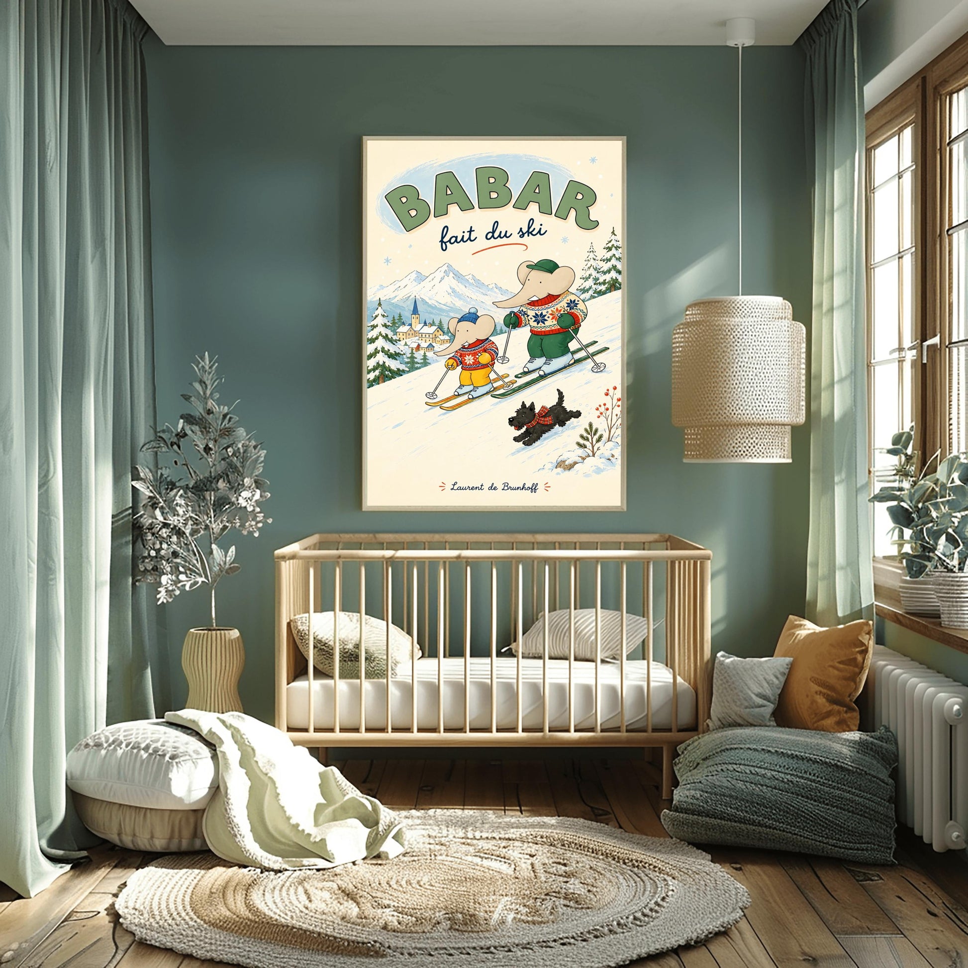 A vertical retro fine art exhibition poster titled "BABAR fait du ski" on a wide cream border. The illustration shows a large elephant and a small elephant skiing down a snowy slope wearing colorful patterned winter sweaters, accompanied by a small black dog in a plaid scarf. A snow-covered village and mountains are visible in the background, with the name "Laurent de Brunhoff" printed at the bottom.