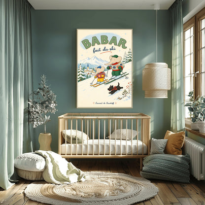 A vertical retro fine art exhibition poster titled "BABAR fait du ski" on a wide cream border. The illustration shows a large elephant and a small elephant skiing down a snowy slope wearing colorful patterned winter sweaters, accompanied by a small black dog in a plaid scarf. A snow-covered village and mountains are visible in the background, with the name "Laurent de Brunhoff" printed at the bottom.