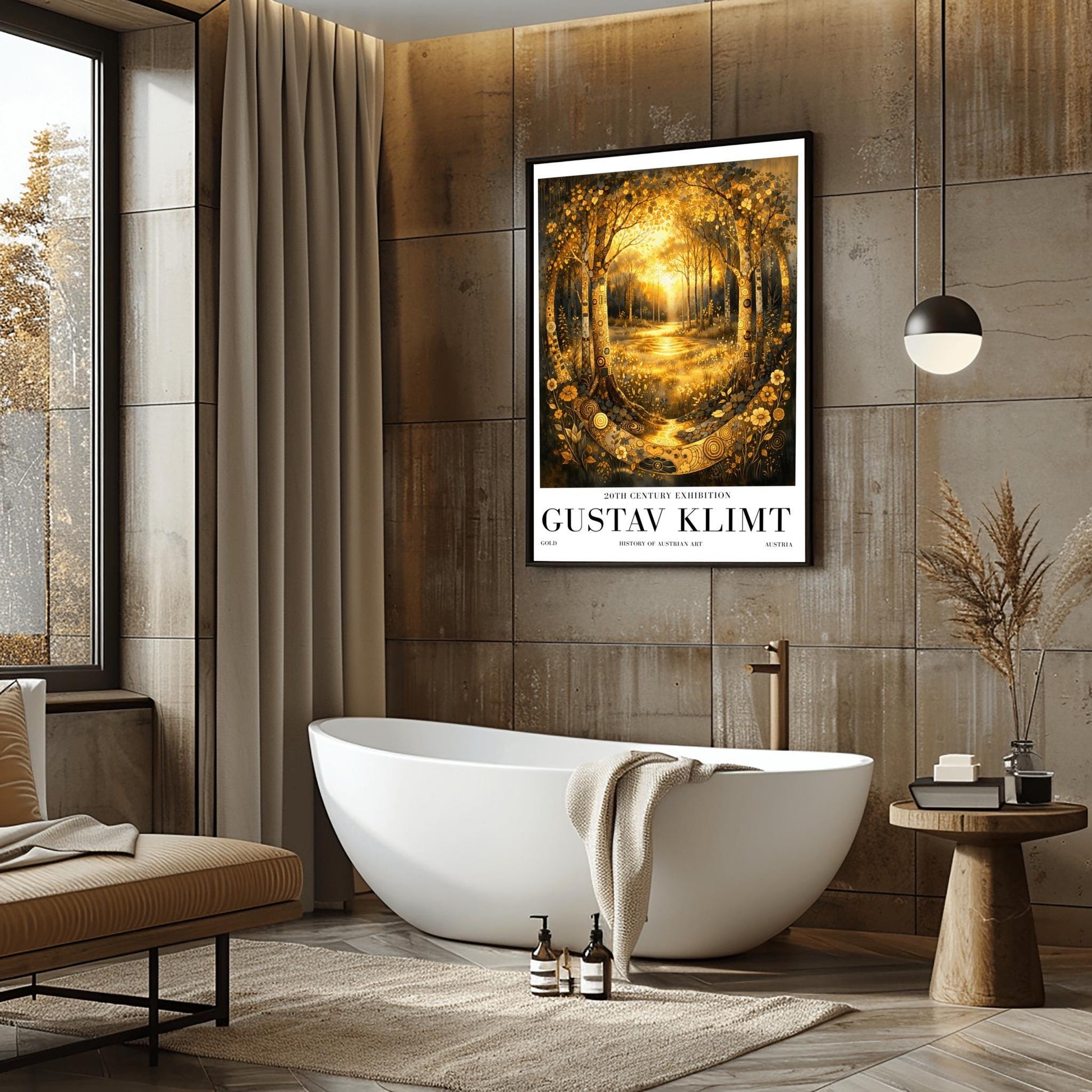 A vertical exhibition poster for Gustav Klimt featuring a golden forest. Two highly decorative trees with mosaic patterns frame a sunlit glade. A golden stream flows toward the viewer through shimmering flowers. Text at the bottom reads "Gustav Klimt, 20th Century Exhibition."