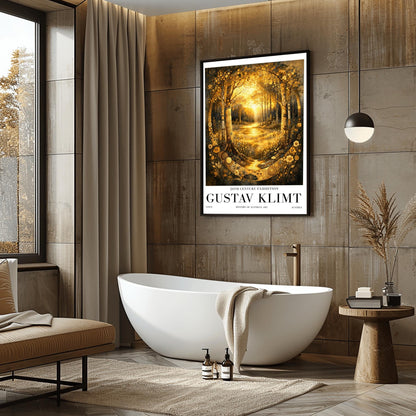 A vertical exhibition poster for Gustav Klimt featuring a golden forest. Two highly decorative trees with mosaic patterns frame a sunlit glade. A golden stream flows toward the viewer through shimmering flowers. Text at the bottom reads "Gustav Klimt, 20th Century Exhibition."