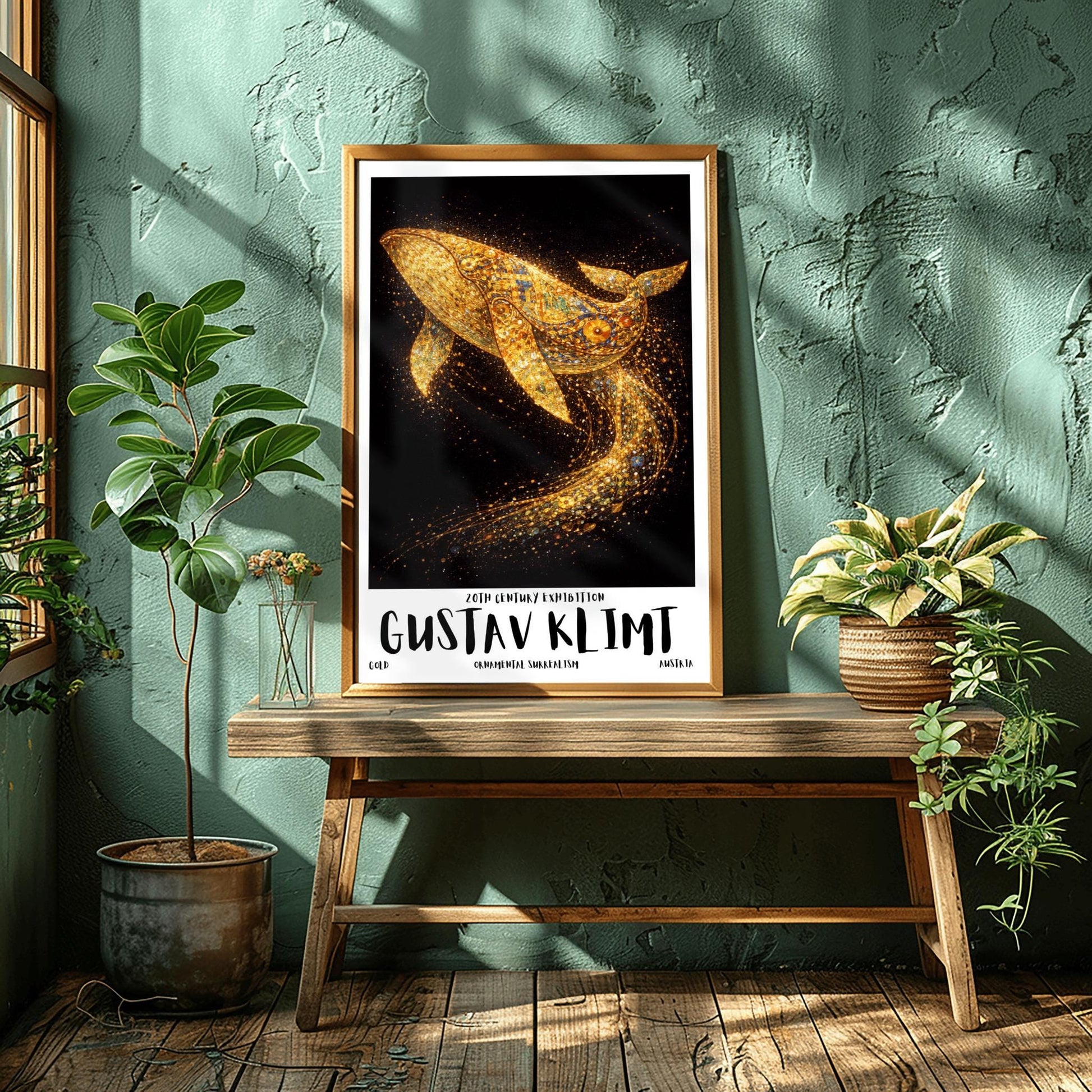 A vertical exhibition poster for Gustav Klimt featuring a large humpback whale made of golden mosaic patterns. The whale is breaching against a black background, leaving a trail of sparkling gold dust. Bold text at the bottom reads "GUSTAV KLIMT" and "Ornamental Surrealism."