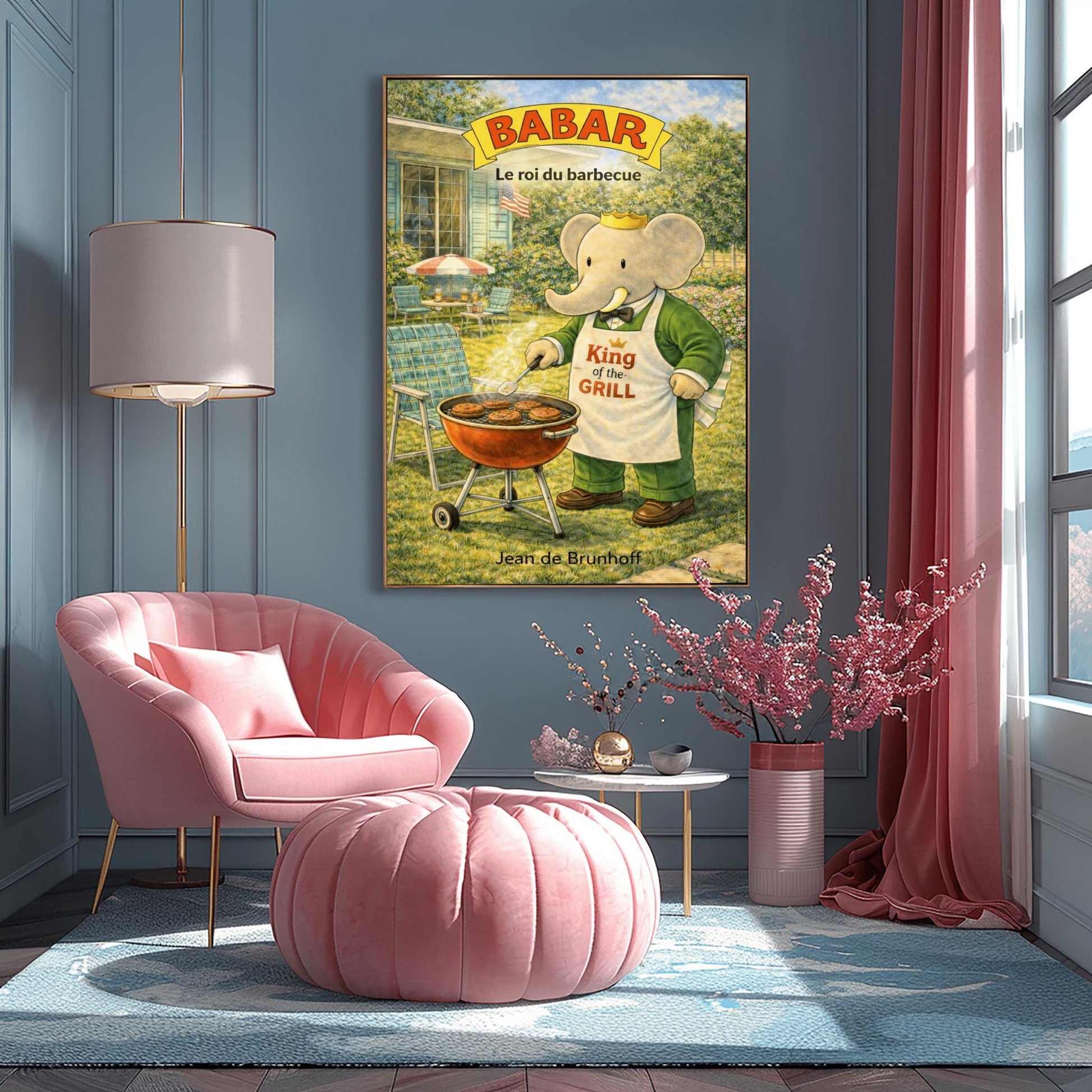 A vertical children's illustration poster titled "BABAR: Le roi du barbecue." King Babar, in a green suit and crown, stands in a sunny backyard wearing a white apron that says "King of the Grill." He is using a spatula to flip burgers on a red charcoal grill. The background shows a lush green lawn, retro patio chairs, a striped umbrella, and an American flag hanging from a house in the distance. The name "Jean de Brunhoff" is at the bottom.