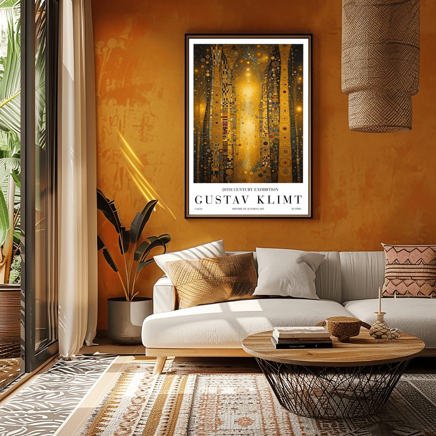 A vertical abstract painting in the style of Gustav Klimt. Several tall, narrow pillars filled with gold leaf textures and geometric patterns (circles, spirals, and squares) rise against a dark background filled with golden stardust. A central column of bright, shimmering light anchors the composition. The colors include brilliant gold, ochre, black, and touches of deep red and blue.