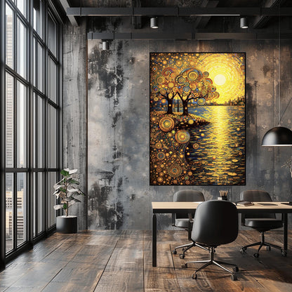 A vertical museum exhibition poster in the style of Gustav Klimt. A large, radiant yellow mosaic sun rises over a lake. On the left shore, two trees with ornate spiral-patterned leaves stand. The ground and sky are filled with dense golden mosaic circles and patterns. Bold black text at the bottom reads "GUSTAV KLIMT" and "AUSTRIA."