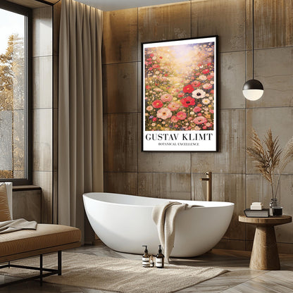 A vertical museum exhibition poster in the style of Gustav Klimt. A vast meadow of pink, red, and white wildflowers is bathed in bright, hazy sunlight from above. Large poppies are in the foreground, with a small butterfly on the left. Below the image, bold black text reads "GUSTAV KLIMT" and "BOTANICAL EXCELLENCE" on a white border.
