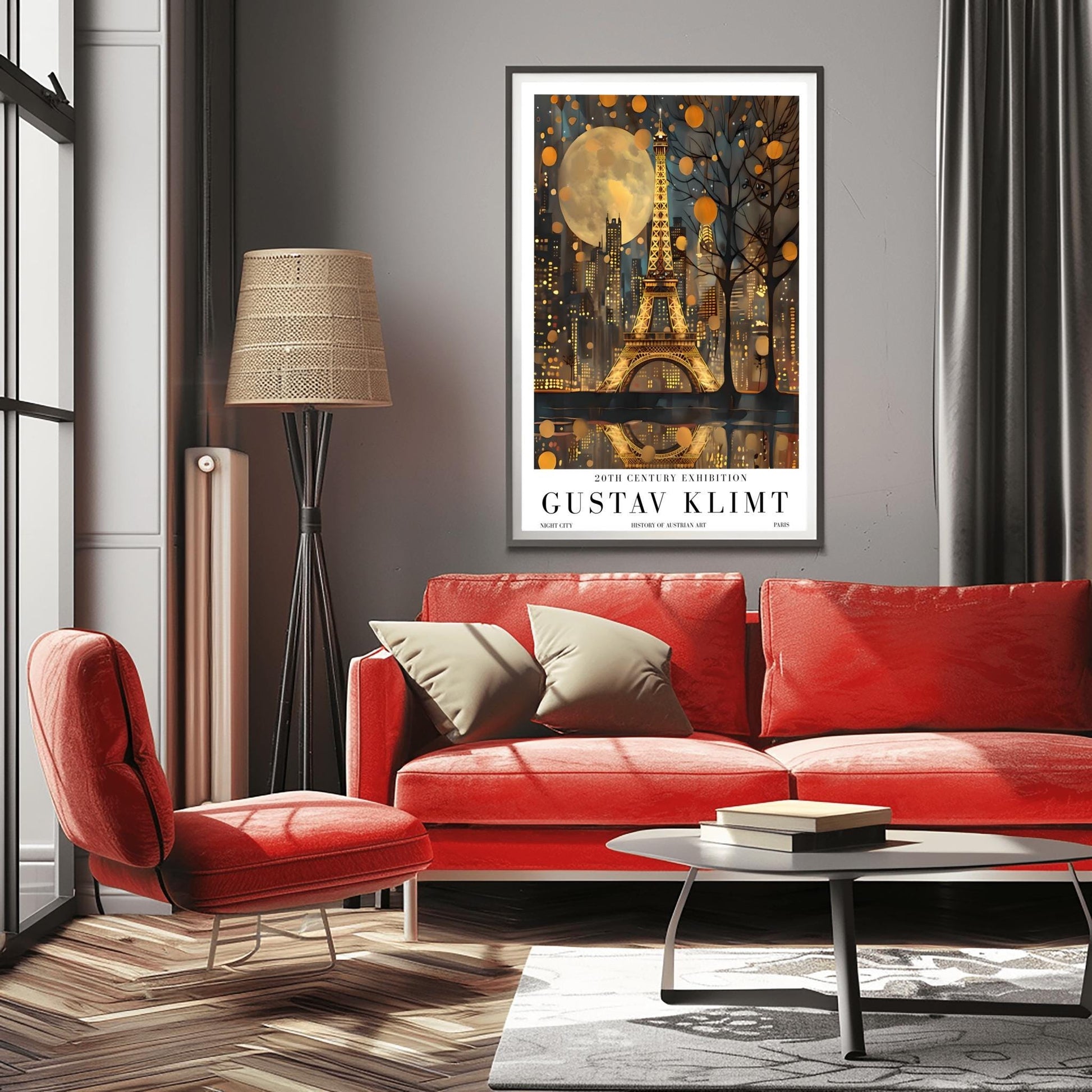 A vertical museum exhibition poster featuring the Eiffel Tower in Paris at night in the style of Gustav Klimt. The tower and city buildings glow in textured gold against a dark blue sky with a large, golden moon. Below the image, bold black text reads "GUSTAV KLIMT" and "20TH CENTURY EXHIBITION" against a white border.