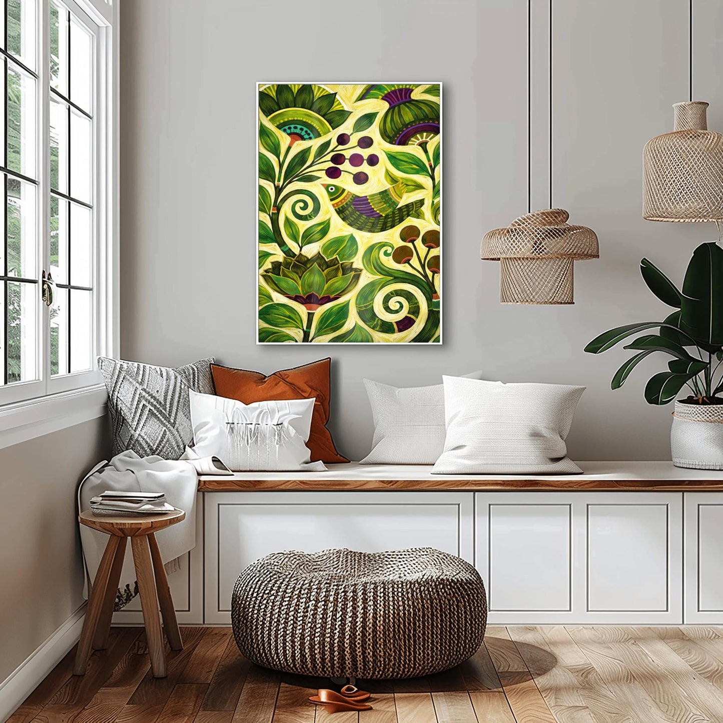 A vertical botanical art print in a modern folk style. A stylized bird with green and purple stripes is perched among thick, swirling green vines and large, pointed leaves. Clusters of dark purple berries and round brown seed pods are scattered throughout the composition. The background is a soft yellow-green, and the entire image is filled with intricate, hand-painted textures and circular patterns.