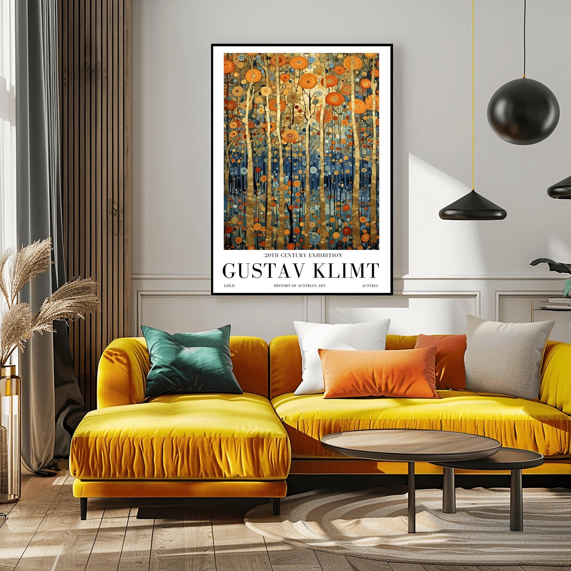 A vertical museum exhibition poster in the style of Gustav Klimt. Tall, slender tree trunks made of brilliant gold leaf stand against a background of orange, gold, and blue mosaic-style leaves. The bottom of the image is a deep indigo blue. Bold black text at the bottom reads "GUSTAV KLIMT" and "HISTORY OF AUSTRIAN ART."
