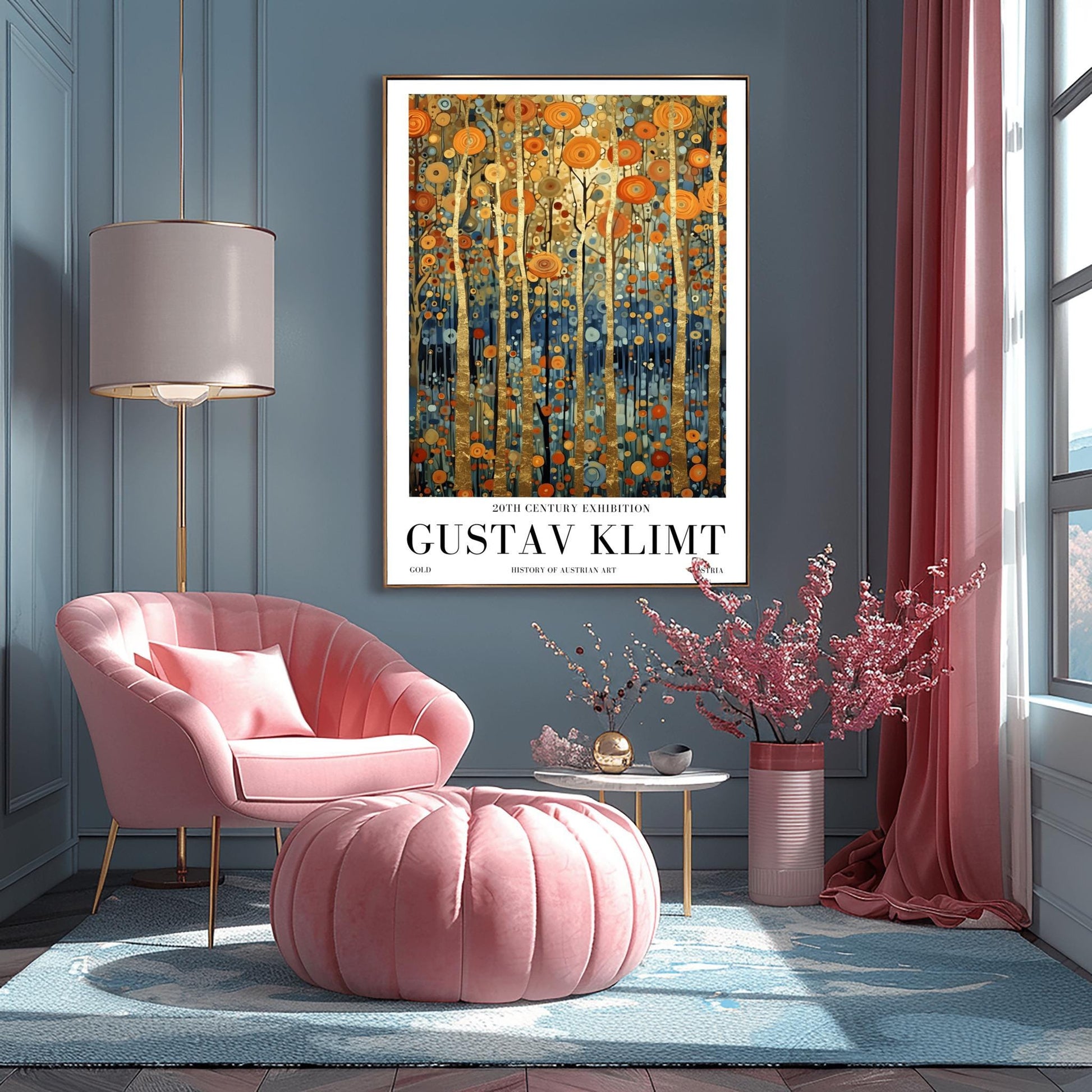 A vertical museum exhibition poster in the style of Gustav Klimt. Tall, slender tree trunks made of brilliant gold leaf stand against a background of orange, gold, and blue mosaic-style leaves. The bottom of the image is a deep indigo blue. Bold black text at the bottom reads "GUSTAV KLIMT" and "HISTORY OF AUSTRIAN ART."