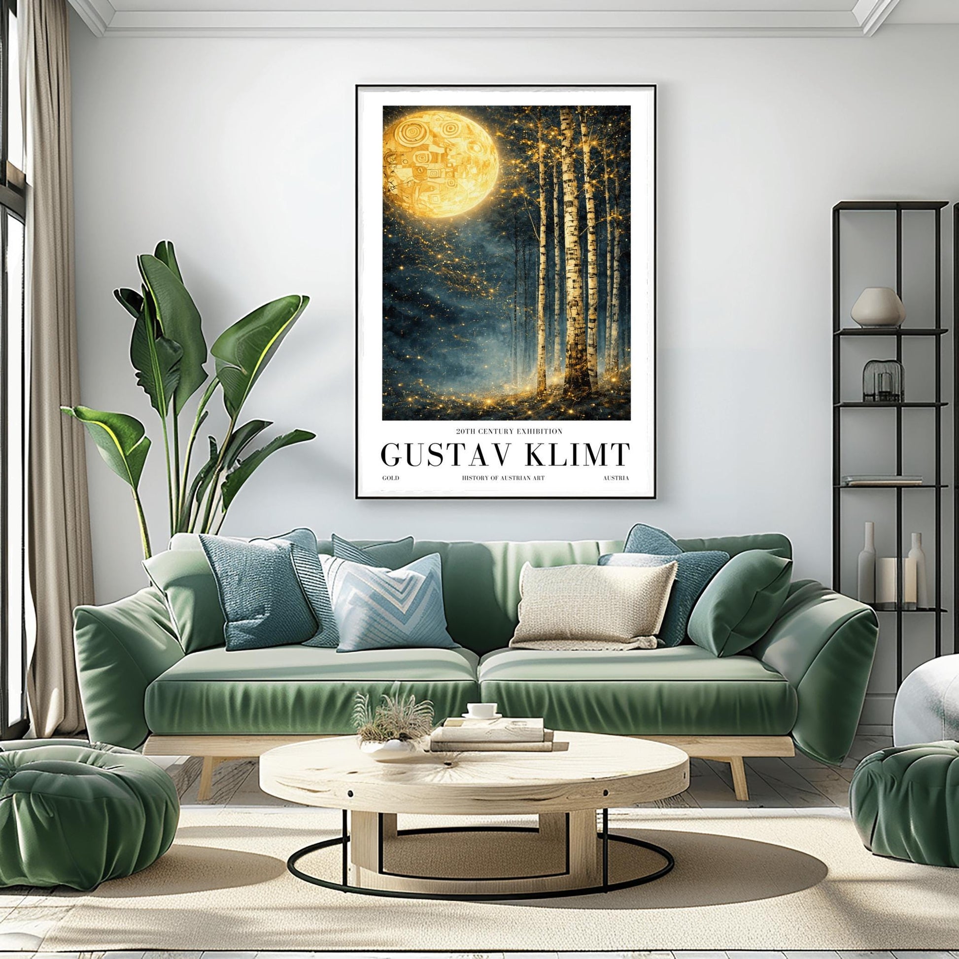 A vertical Art Nouveau illustration in the style of Gustav Klimt. A large, patterned golden moon sits in the upper left corner of a dark, misty teal forest. Slender birch trees stand on the right, while a swirl of golden stardust flows across the center.