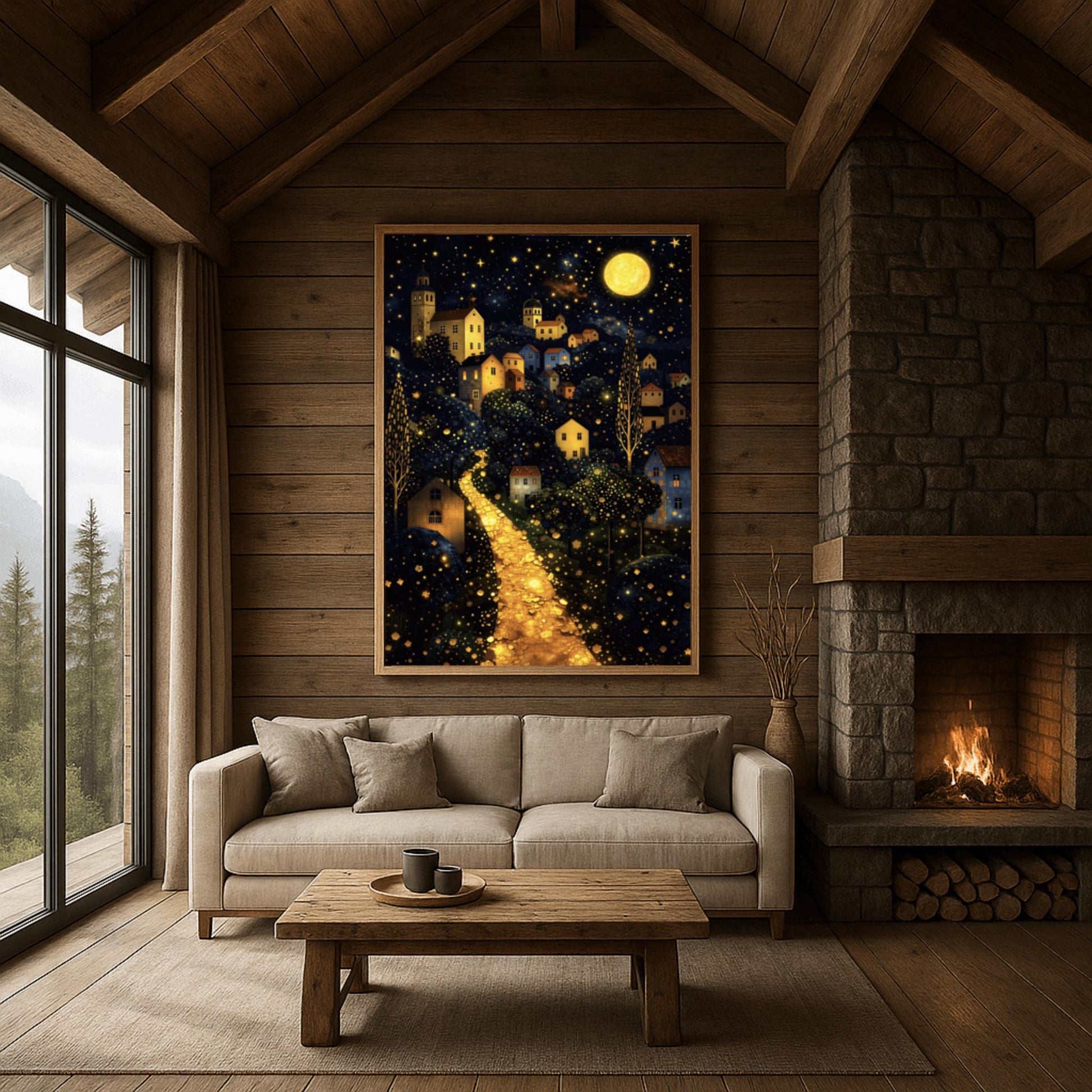 A vertical fine art landscape in the style of Gustav Klimt. A brilliant, glowing golden path winds up a dark hillside toward a village with lit windows. The deep blue night sky is filled with many stars and a large, textured golden moon. The trees are decorated with small, shimmering golden dots.