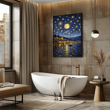 A vertical digital illustration of a coastal town at night in an impressionist style. A large full moon and many swirling yellow stars fill a deep blue sky. The golden lights of the hillside buildings reflect in the water below. A small rowboat with two people is in the foreground.