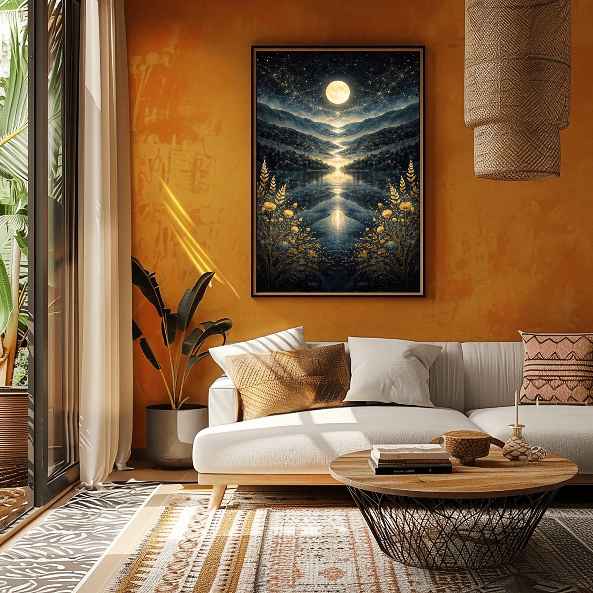 A vertical Art Nouveau illustration in the style of Gustav Klimt. A golden full moon and swirling stardust fill a dark blue sky above a symmetrical mountain valley. A river of light flows into a lake in the center, framed by golden wheat and flowers in the foreground.