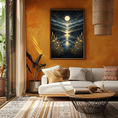 A vertical Art Nouveau illustration in the style of Gustav Klimt. A golden full moon and swirling stardust fill a dark blue sky above a symmetrical mountain valley. A river of light flows into a lake in the center, framed by golden wheat and flowers in the foreground.