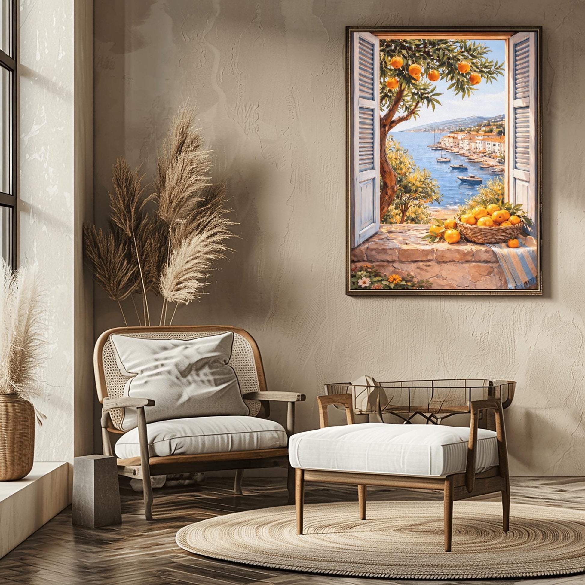 A vertical painterly illustration looking through a stone window with light blue shutters. A woven basket of oranges and a striped blue cloth sit on the ledge. Outside, an orange tree frames a view of a blue sea with boats and a sun-drenched coastal town.