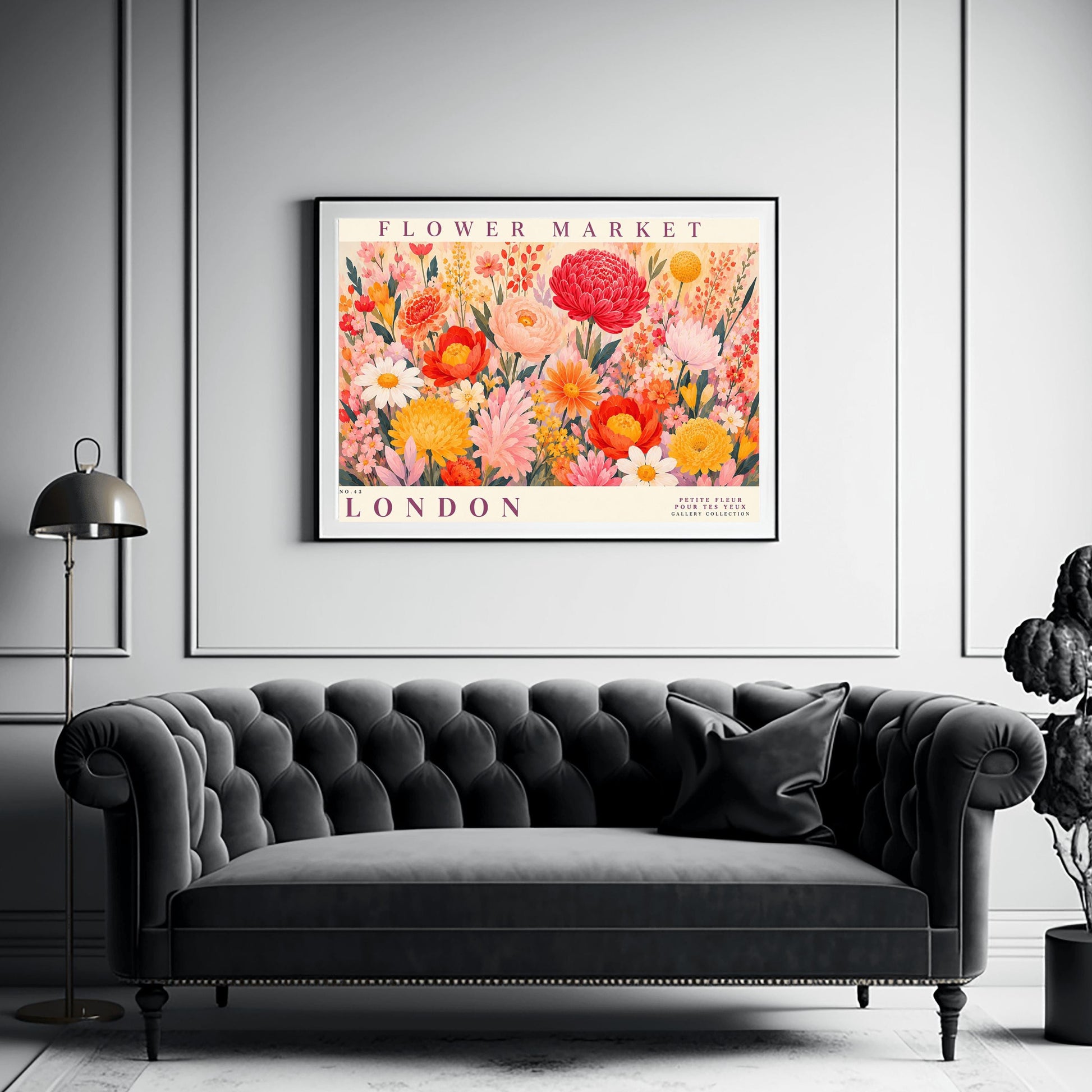 A vibrant, maximalist vintage botanical gallery poster titled "FLOWER MARKET LONDON" in elegant purple typography. The main illustration shows a dense, edge-to-edge meadow of hand-painted wildflowers. The arrangement includes a large crimson red dahlia, soft pink peonies, white daisies with yellow centers, yellow chrysanthemums, and various small orange and pink blossoms nestled among green leaves.