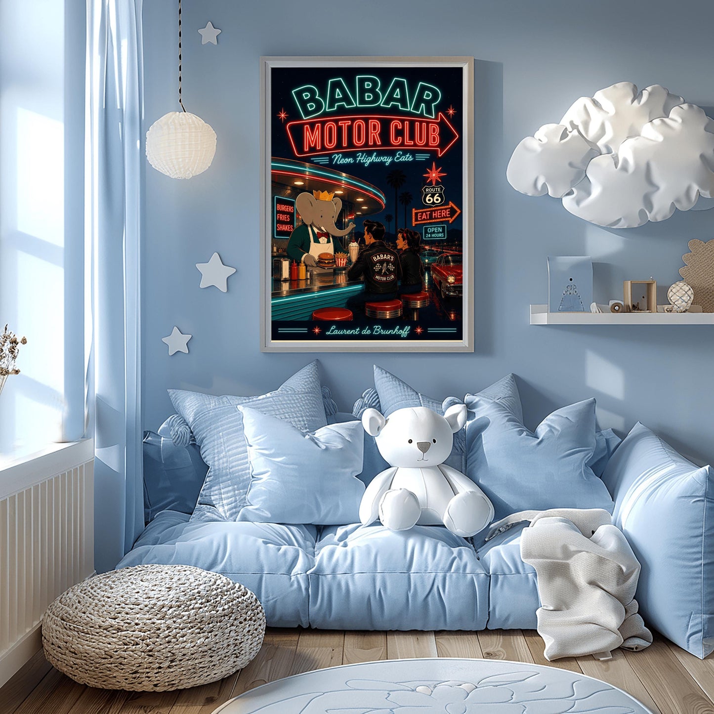 A vibrant 1950s-style illustration poster titled "BABAR MOTOR CLUB - Neon Highway Eats" against a dark night sky. At the top, a massive neon sign glows with a red border and orange lettering. Below, the cartoon elephant King Babar wears a gold crown and a white apron as he hands a tray with a burger and fries across a diner counter. A man and a woman are seated on red stools, viewed from behind, wearing black leather jackets that read "BABAR'S MOTOR CLUB" with a checkered flag logo.