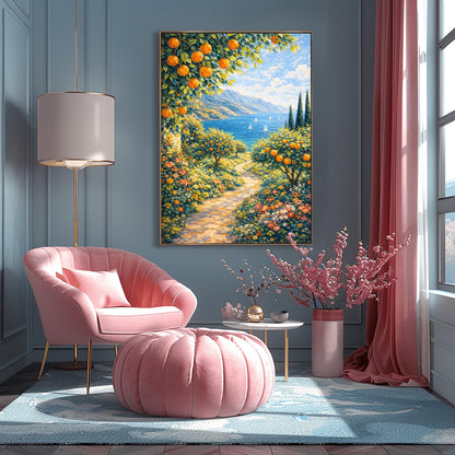 A vertical painterly illustration of a sun-dappled stone path winding through a garden of orange trees and colorful wildflowers. The path leads toward a blue sea with sailboats and distant mountains under a blue sky.