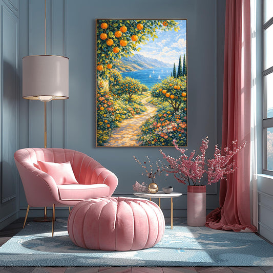 A vertical painterly illustration of a sun-dappled stone path winding through a garden of orange trees and colorful wildflowers. The path leads toward a blue sea with sailboats and distant mountains under a blue sky.