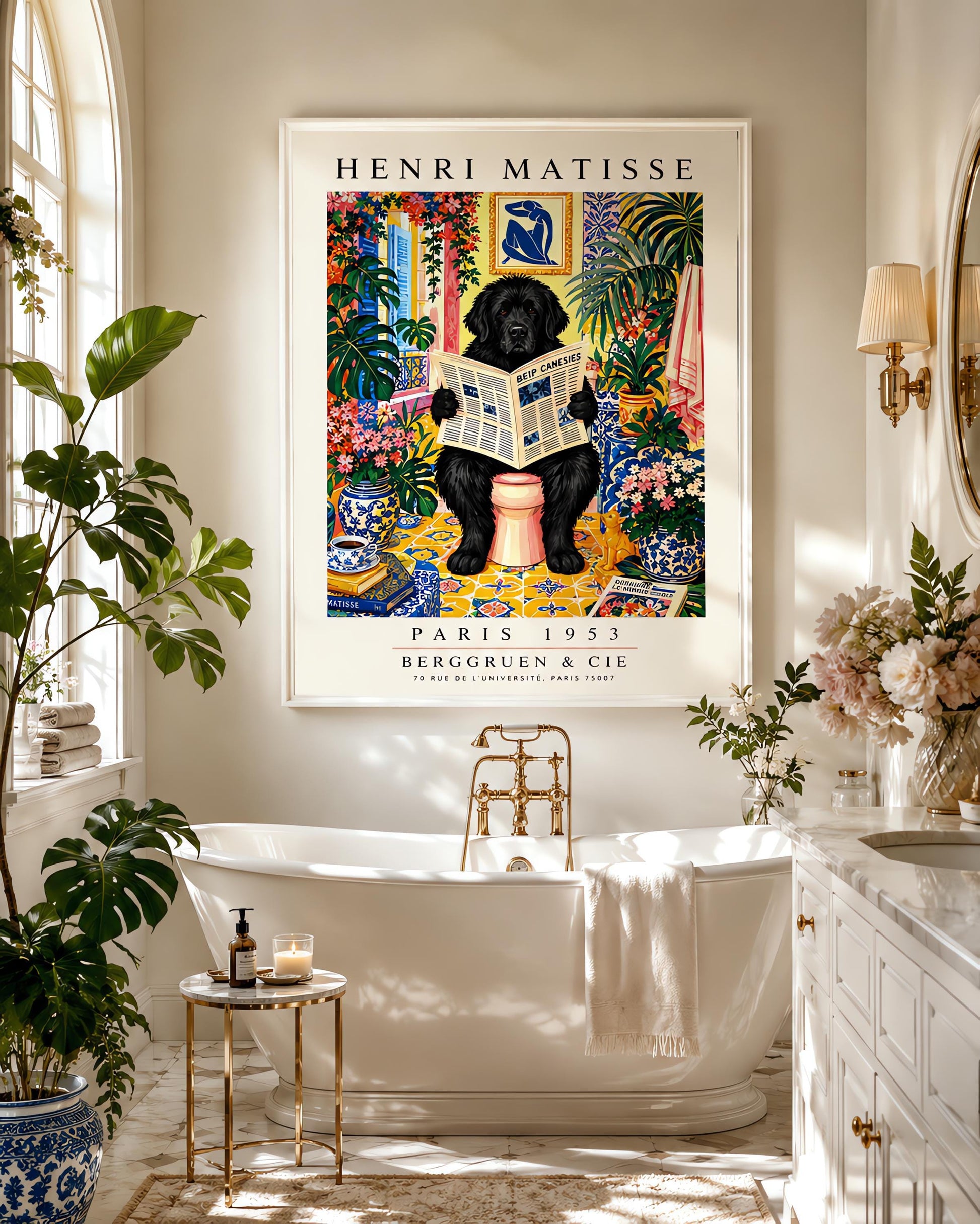A vertical vintage-style art exhibition poster titled "HENRI MATISSE" at the top and "PARIS 1953 BERGGRUEN & CIE" at the bottom. The main image shows a large, fluffy black Newfoundland dog sitting on a pink toilet in a highly decorated bathroom, reading a newspaper. The room is filled with yellow pattern tiles, blue-and-white wallpaper, a blue Matisse cutout art frame on the wall, multiple large green houseplants, and vases filled with colorful pink flowers.