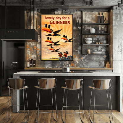 A vertical vintage-style advertising poster for Guinness. Four toucans fly through a sepia-toned sky with sunbeams, each balancing two pints of beer on its beak. Two surprised pilots in blue uniforms look up from the bottom right. Red text at the top reads "Lovely day for a GUINNESS."