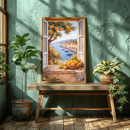 A vertical painterly illustration looking through a stone window with light blue shutters. A woven basket of oranges and a striped blue cloth sit on the ledge. Outside, an orange tree frames a view of a blue sea with boats and a sun-drenched coastal town.