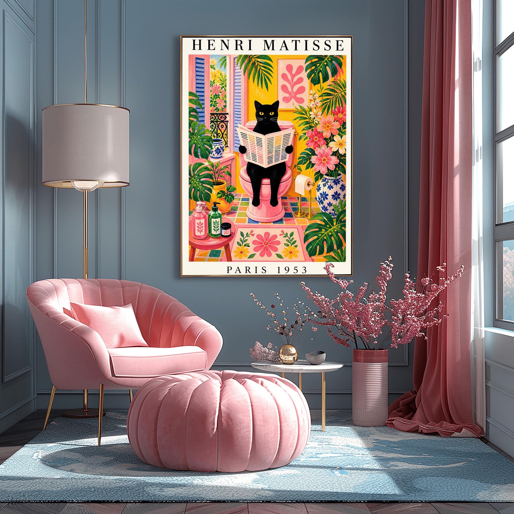 A vertical maximalist art print styled as a Henri Matisse exhibition poster. A sleek black cat with bright yellow eyes sits on a pink toilet, holding and reading a newspaper. The bathroom is filled with vibrant yellow walls, pink and yellow checkered tiles, and lush green monstera plants. A window with blue shutters looks out onto a garden. A pink bath mat and blue floral vases add more color. Bold black text at the top reads "HENRI MATISSE" and at the bottom "PARIS 1953".