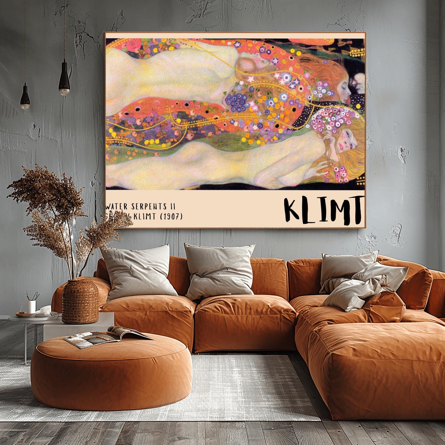 A horizontal museum exhibition poster featuring Gustav Klimt's 1907 painting "Water Serpents II." Reclining female figures are surrounded by a sea of golden spirals, blue and purple flowers, and ornate patterns. The bottom border is cream with bold black text reading "WATER SERPENTS II" and "KLIMT."