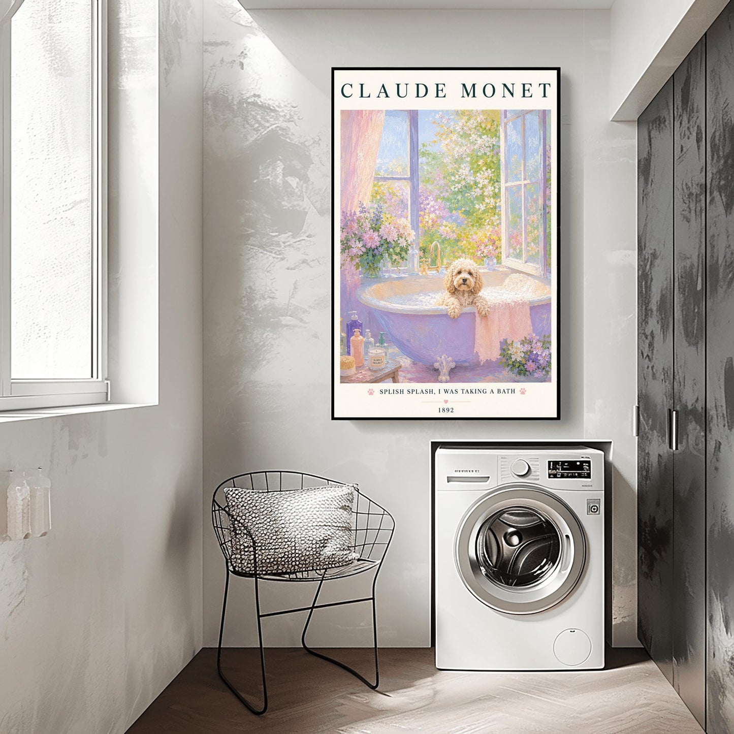 A vertical art print in a soft impressionist style. A small, fluffy, cream-colored dog sits in a lavender-colored bathtub filled with soapy bubbles. The tub is by an open window overlooking a sunlit garden of pink and purple flowers. The top of the print says "CLAUDE MONET" in a dark serif font. The bottom features the text "SPLISH SPLASH, I WAS TAKING A BATH" with small pink paw prints.
