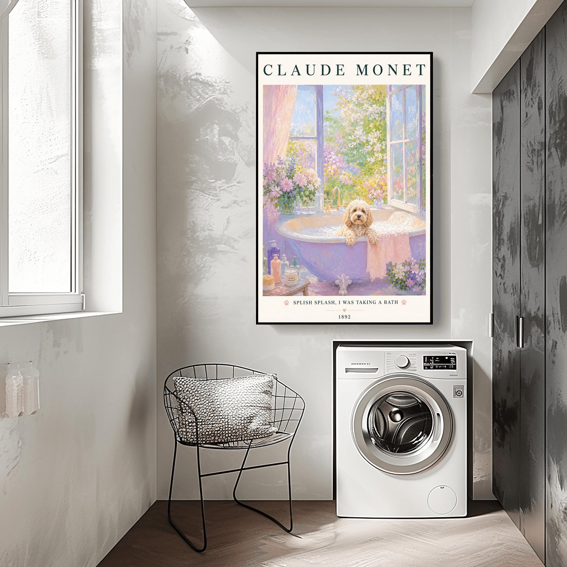 A vertical art print in a soft impressionist style. A small, fluffy, cream-colored dog sits in a lavender-colored bathtub filled with soapy bubbles. The tub is by an open window overlooking a sunlit garden of pink and purple flowers. The top of the print says "CLAUDE MONET" in a dark serif font. The bottom features the text "SPLISH SPLASH, I WAS TAKING A BATH" with small pink paw prints.