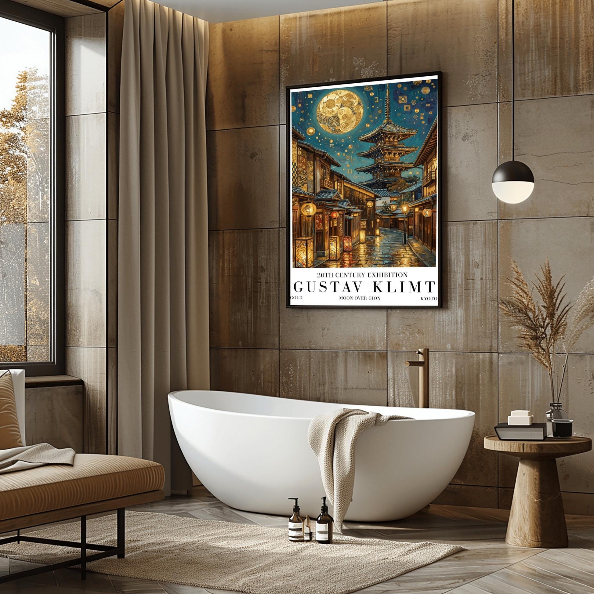 A vertical museum exhibition poster in the style of Gustav Klimt. A historic Japanese street in Gion, Kyoto, features a five-story pagoda and glowing lanterns at night. A massive golden moon with mosaic patterns fills the top of the sky. Bold black text at the bottom reads "GUSTAV KLIMT" and "MOON OVER GION."