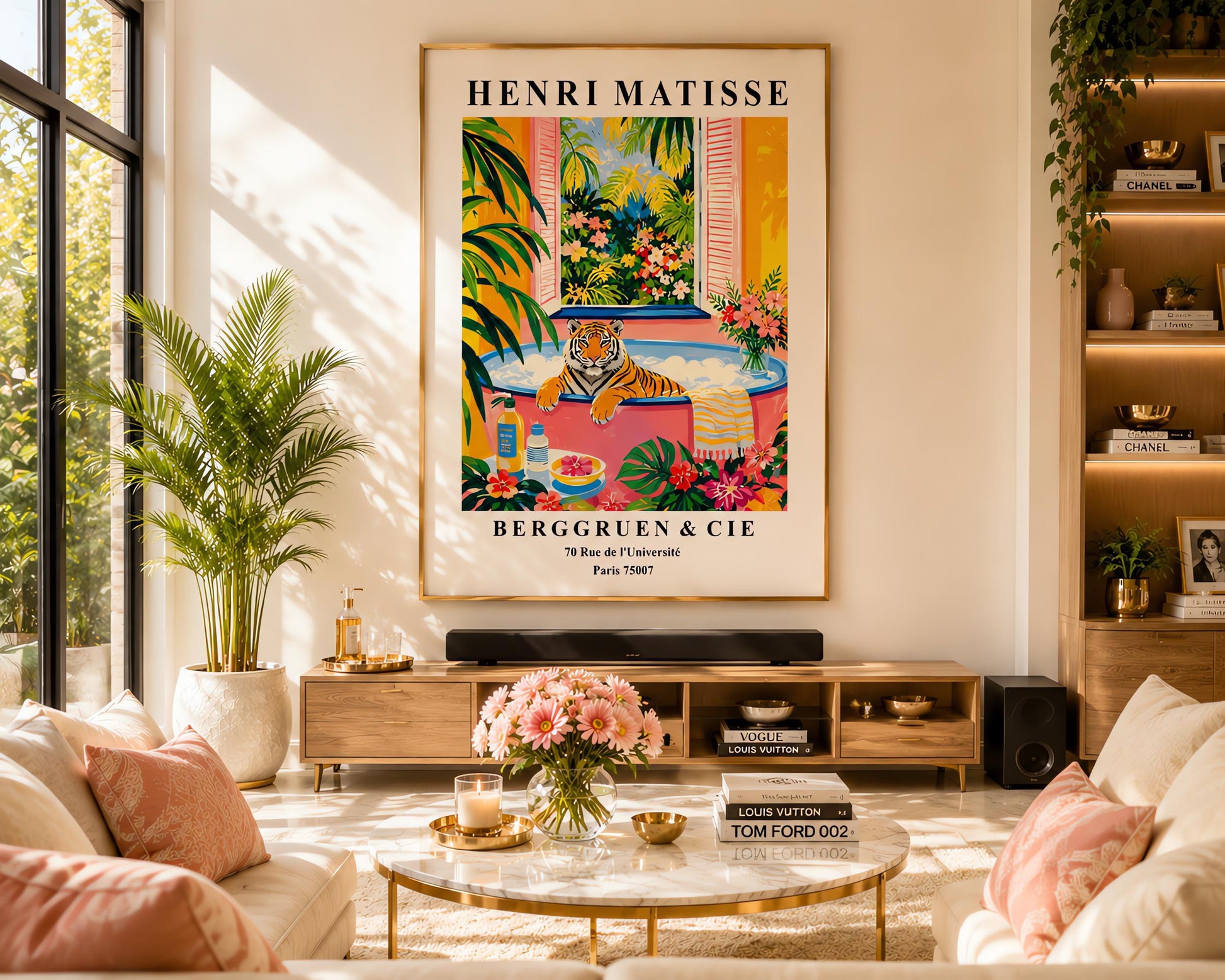 A vertical minimalist fine art exhibition poster in the style of Henri Matisse, featuring a wide white border layout. In the center, a simple black line drawing illustrates a tiger in a crouching, stalking pose. The illustration is set against a vibrant mustard yellow background block, framed by flat paper-cut abstract shapes including a royal blue coral leaf on the left and a terracotta red shape on the right against a solid white backdrop.