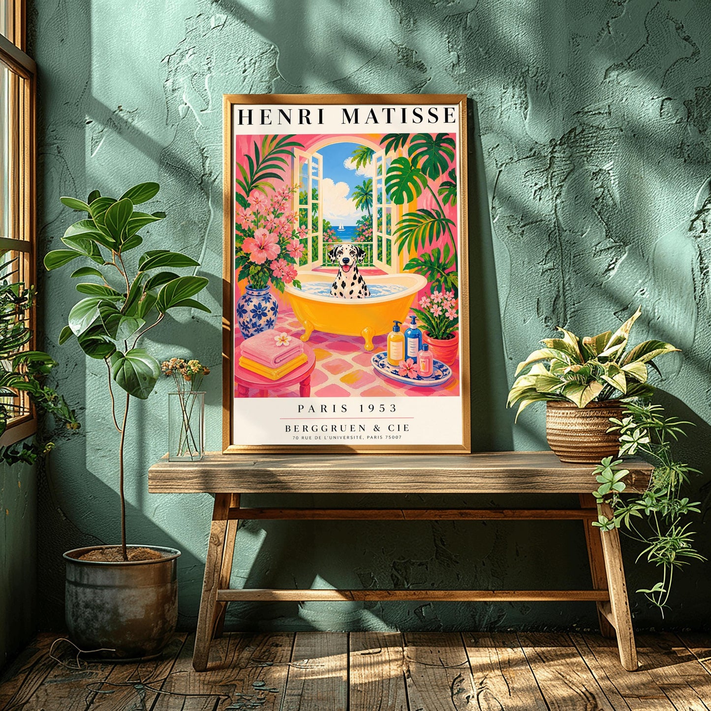 A vertical maximalist art print styled as a Henri Matisse exhibition poster. A black and white spotted Dalmatian dog with its tongue out sits happily in a bright yellow clawfoot bathtub filled with water. The bathroom has hot pink walls, pink and yellow checkered tiles, and is filled with lush green tropical plants and pink flowers. Open arched doors in the background show a view of a blue sea with a white sailboat and palm trees. Bold black text at the top