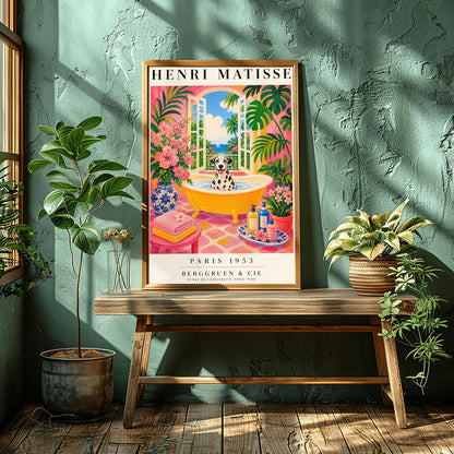 A vertical maximalist art print styled as a Henri Matisse exhibition poster. A black and white spotted Dalmatian dog with its tongue out sits happily in a bright yellow clawfoot bathtub filled with water. The bathroom has hot pink walls, pink and yellow checkered tiles, and is filled with lush green tropical plants and pink flowers. Open arched doors in the background show a view of a blue sea with a white sailboat and palm trees. Bold black text at the top