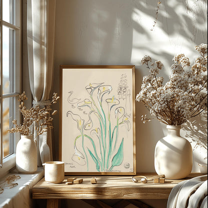 A vertical ink and watercolor sketch by Ludwig Bemelmans titled "St James's Park". A large bouquet of white calla lilies with light green stems and yellow centers dominates the center. To the left, a minimalist ink sketch of a swan and four ducklings floats by. In the upper right corner, a simple line drawing shows the twelve little girls in hats. Signed "Bemelmans" at the bottom with studio markings in the bottom right corner.