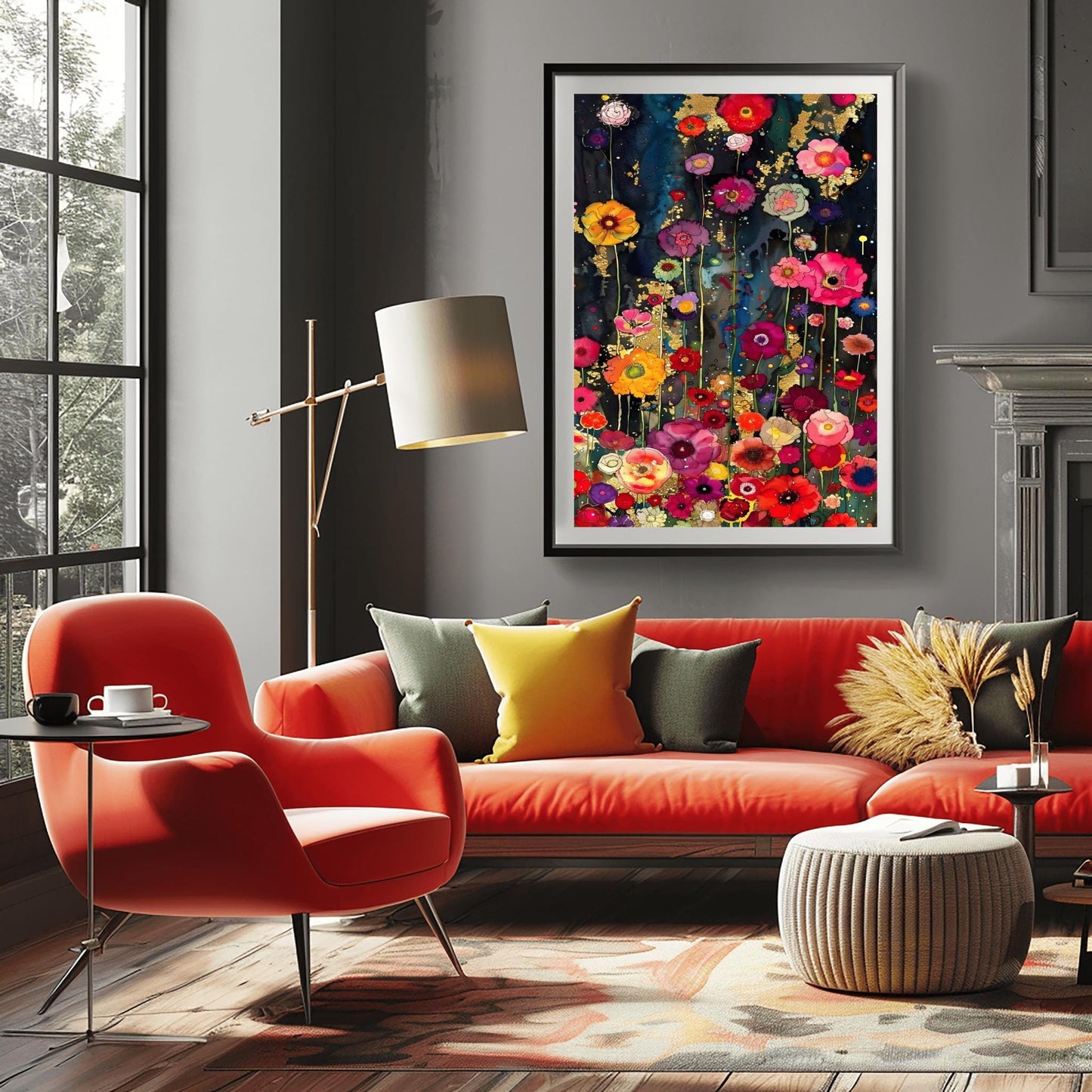 A vertical, highly detailed painting in the style of Gustav Klimt. A dense field of vibrant wildflowers in red, pink, orange, and purple grows against a dark indigo and black background. Shimmering gold-leaf patterns and "rain" effects are woven throughout the flowers. The style is rich in texture with a mosaic-like quality and heavy gold accents.