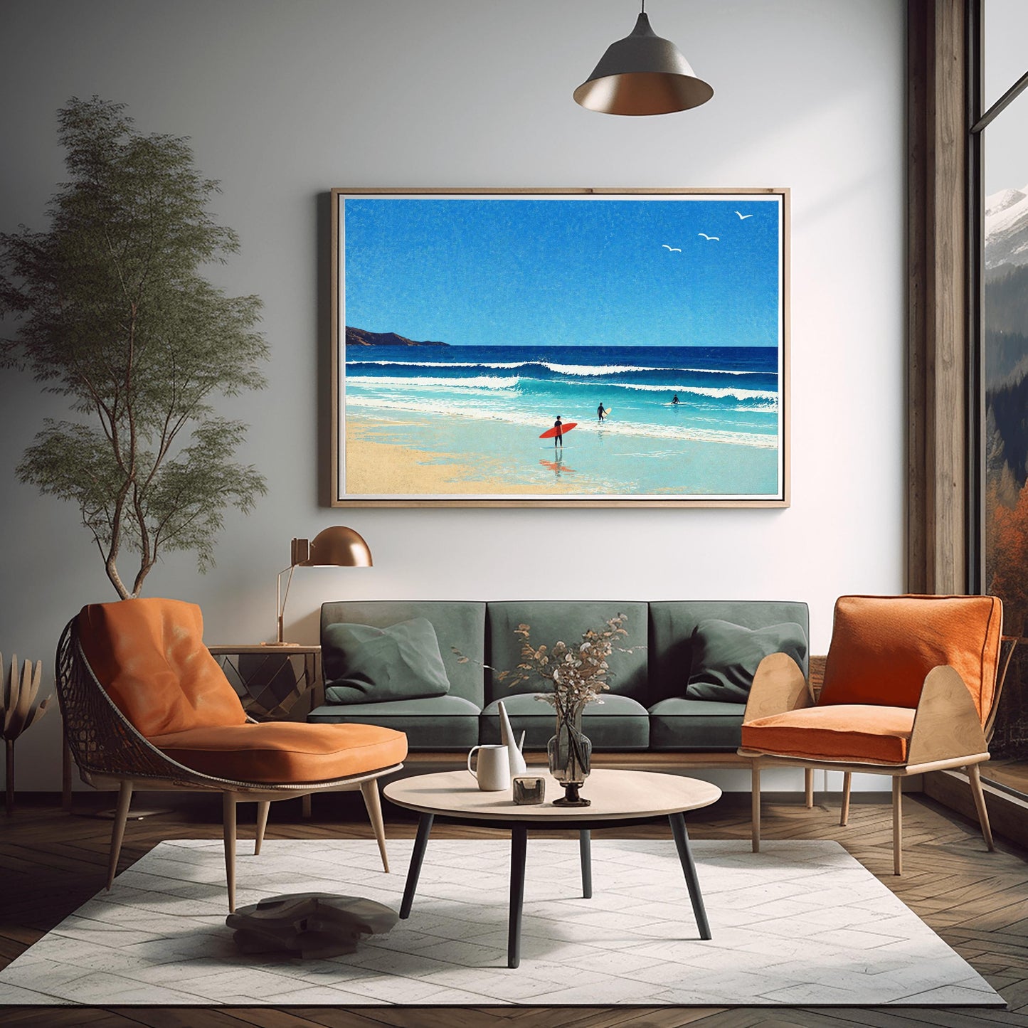 A horizontal minimalist art print of a bright beach day. A vast blue sky with three small white birds in flight sits above a turquoise ocean with gentle white waves. In the foreground, a sandy beach meets the water. A lone surfer in a black wetsuit holds a bright red surfboard on the shore, while two other surfers are further out in the water. A dark cliff is visible on the far left horizon. The style is clean and graphic with a subtle paper texture.