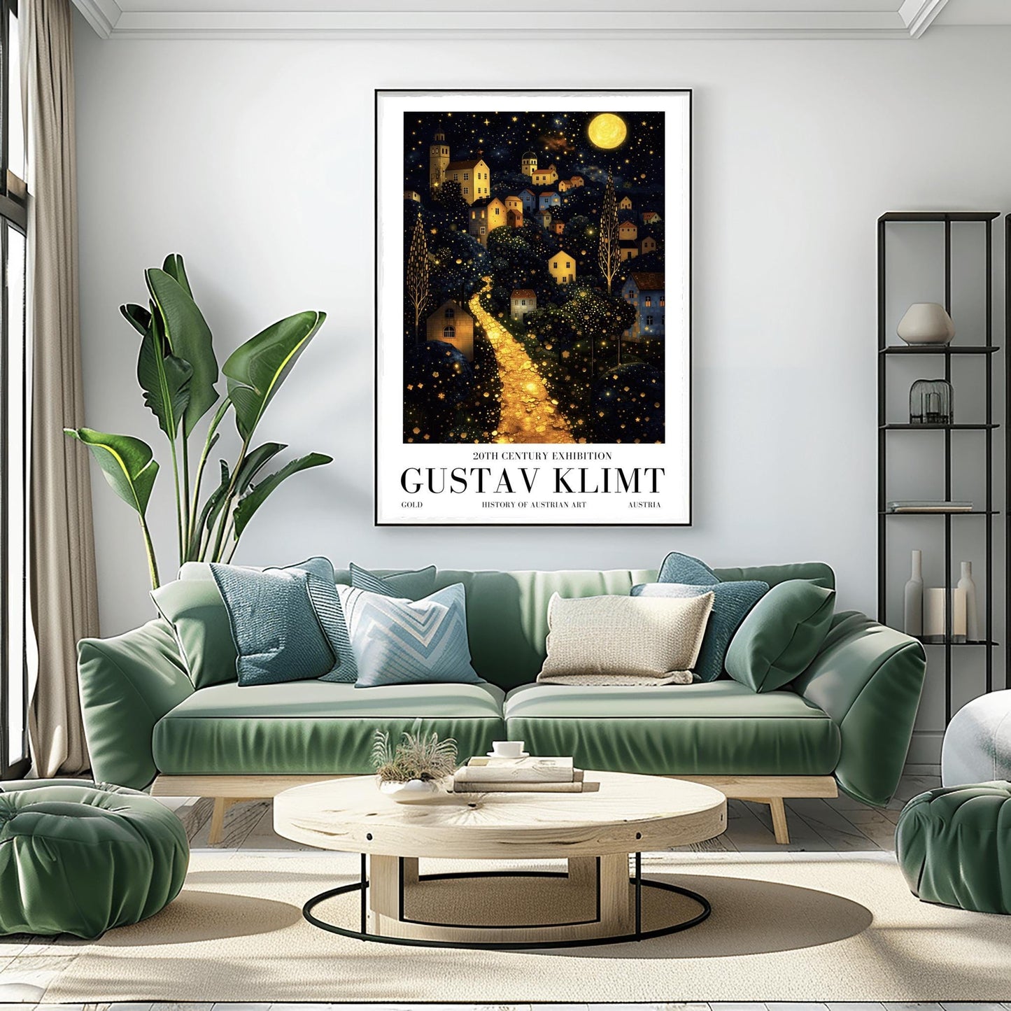 A vertical fine art landscape in the style of Gustav Klimt. A brilliant, glowing golden path winds up a dark hillside toward a village with lit windows. The deep blue night sky is filled with many stars and a large, textured golden moon. The trees are decorated with small, shimmering golden dots.