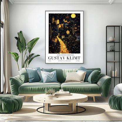 A vertical fine art landscape in the style of Gustav Klimt. A brilliant, glowing golden path winds up a dark hillside toward a village with lit windows. The deep blue night sky is filled with many stars and a large, textured golden moon. The trees are decorated with small, shimmering golden dots.