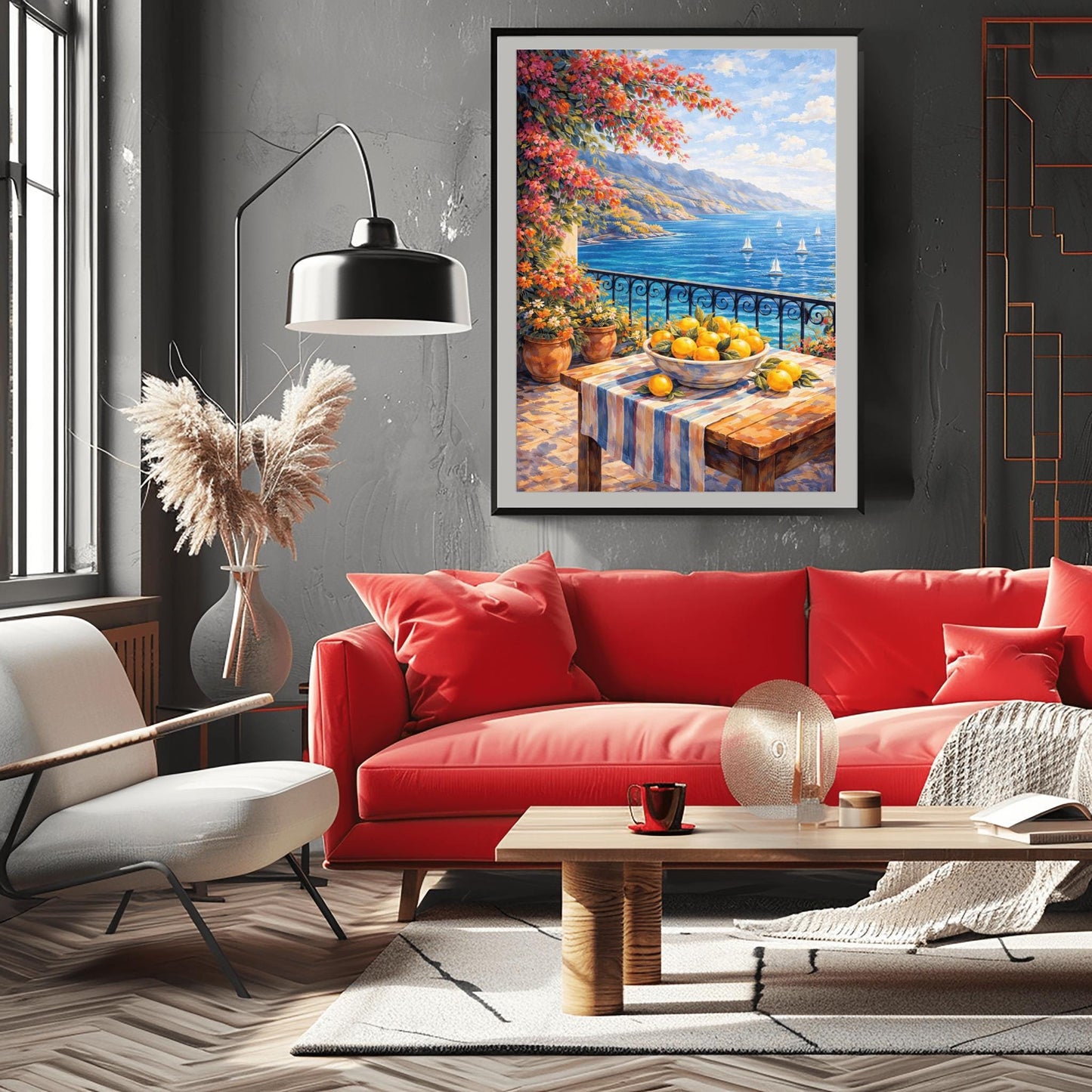 A vertical painterly illustration of a stone terrace with a black iron railing. A pink bougainvillea tree hangs from the top left over a wooden table with a bowl of oranges and lemons. Beyond the railing is a blue sea with white sailboats and a distant mountainous coastline.