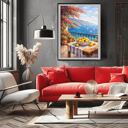 A vertical painterly illustration of a stone terrace with a black iron railing. A pink bougainvillea tree hangs from the top left over a wooden table with a bowl of oranges and lemons. Beyond the railing is a blue sea with white sailboats and a distant mountainous coastline.