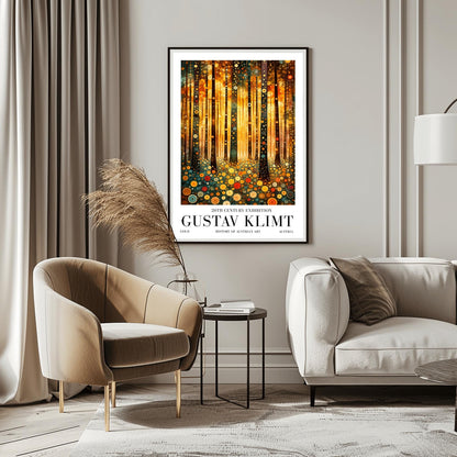 A vertical fine art print in the style of Gustav Klimt. Dark, slender tree trunks are decorated with various golden and colorful concentric circles. The forest floor is covered in similar circular floral patterns. A bright, warm golden light glows from the background, creating a high-contrast, ornate night forest scene.