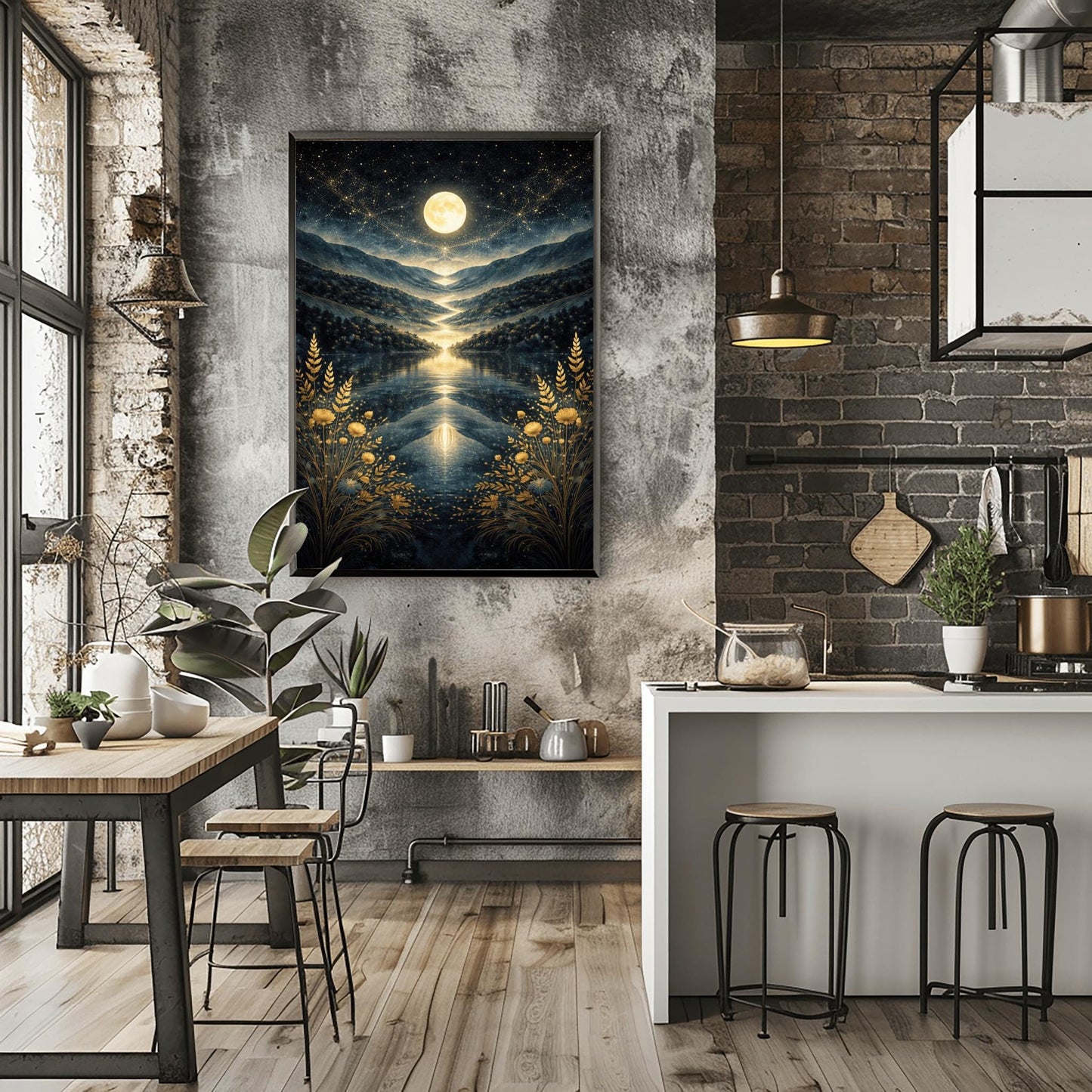 A vertical Art Nouveau illustration in the style of Gustav Klimt. A golden full moon and swirling stardust fill a dark blue sky above a symmetrical mountain valley. A river of light flows into a lake in the center, framed by golden wheat and flowers in the foreground.